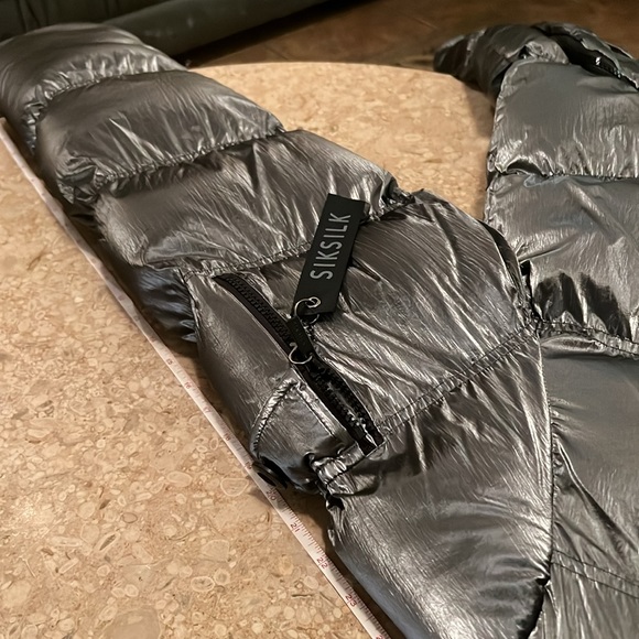 NWT- SIK SILK MENS XL PADDED PARKA w FUR HOOD in METALLIC SILVER & BLACK TRIM - Picture 12 of 16